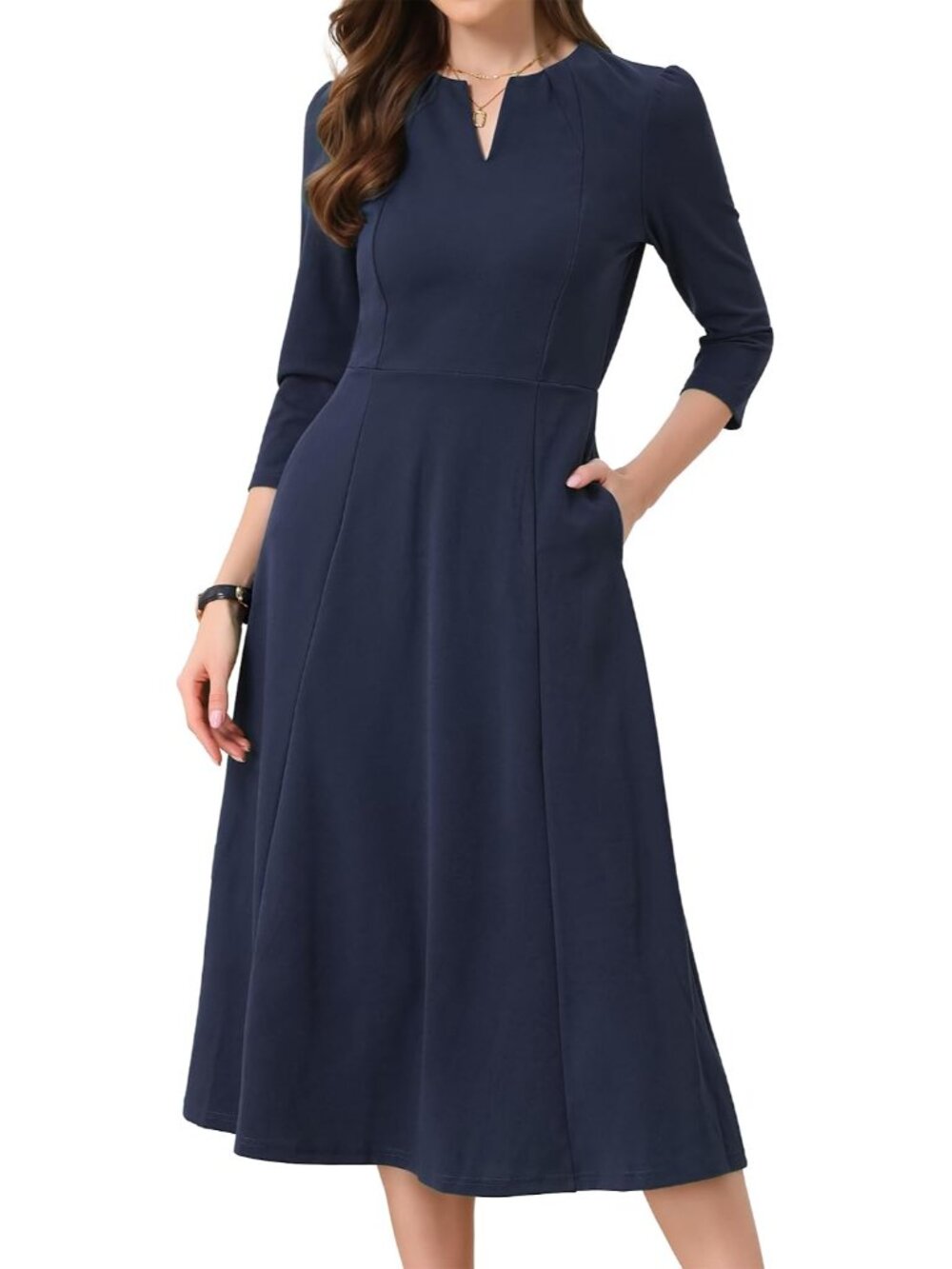 Elegant Navy Blue Women’s V-Neck A-Line Midi Dress for Business & Formal Occasio